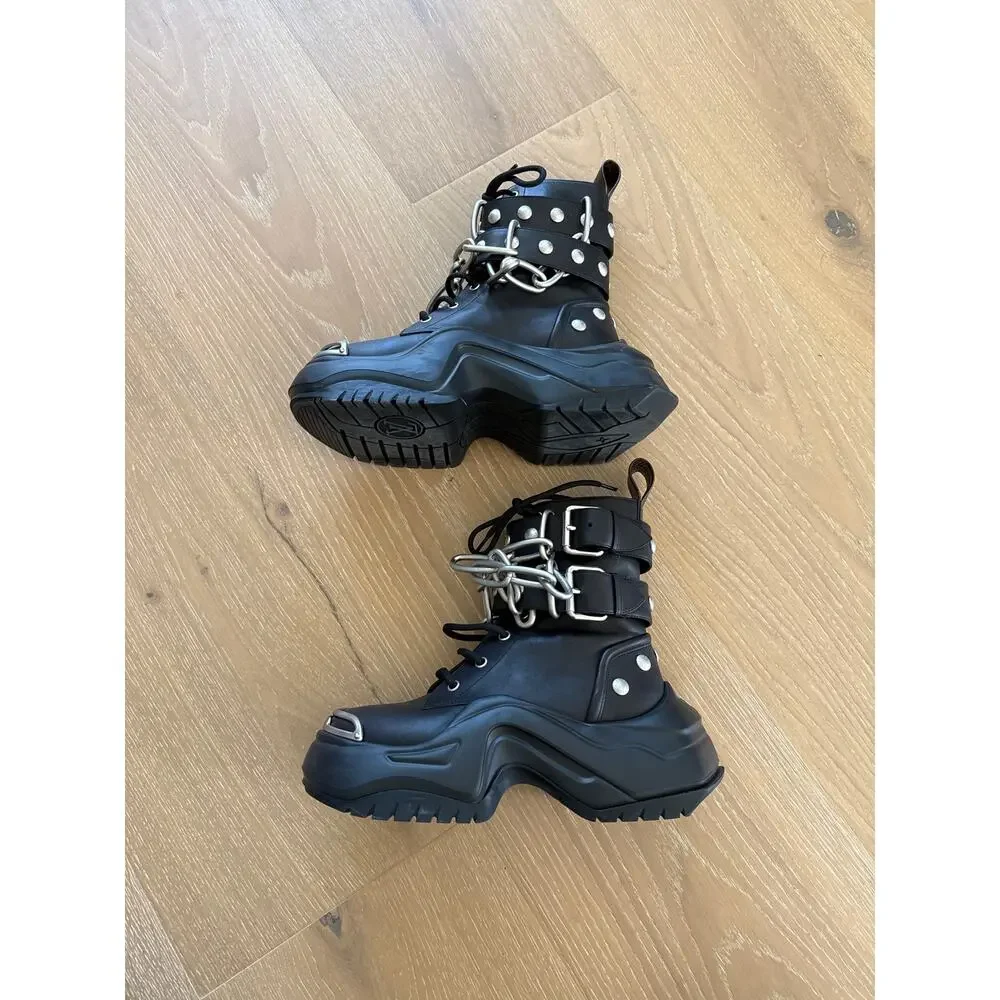 Louis Vuitton Leather Studded Accents Combat Boots w Chains Size 37 Black Silver